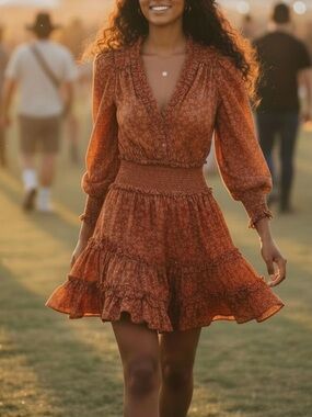 House of Harlow 1960 Smocked Waist Rust Floral Long-Sleeve Ruffle Dress M